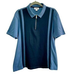 Burton London Blue Stripe Contrast Collar Zip Neck Polo Shirt Men's Size Large